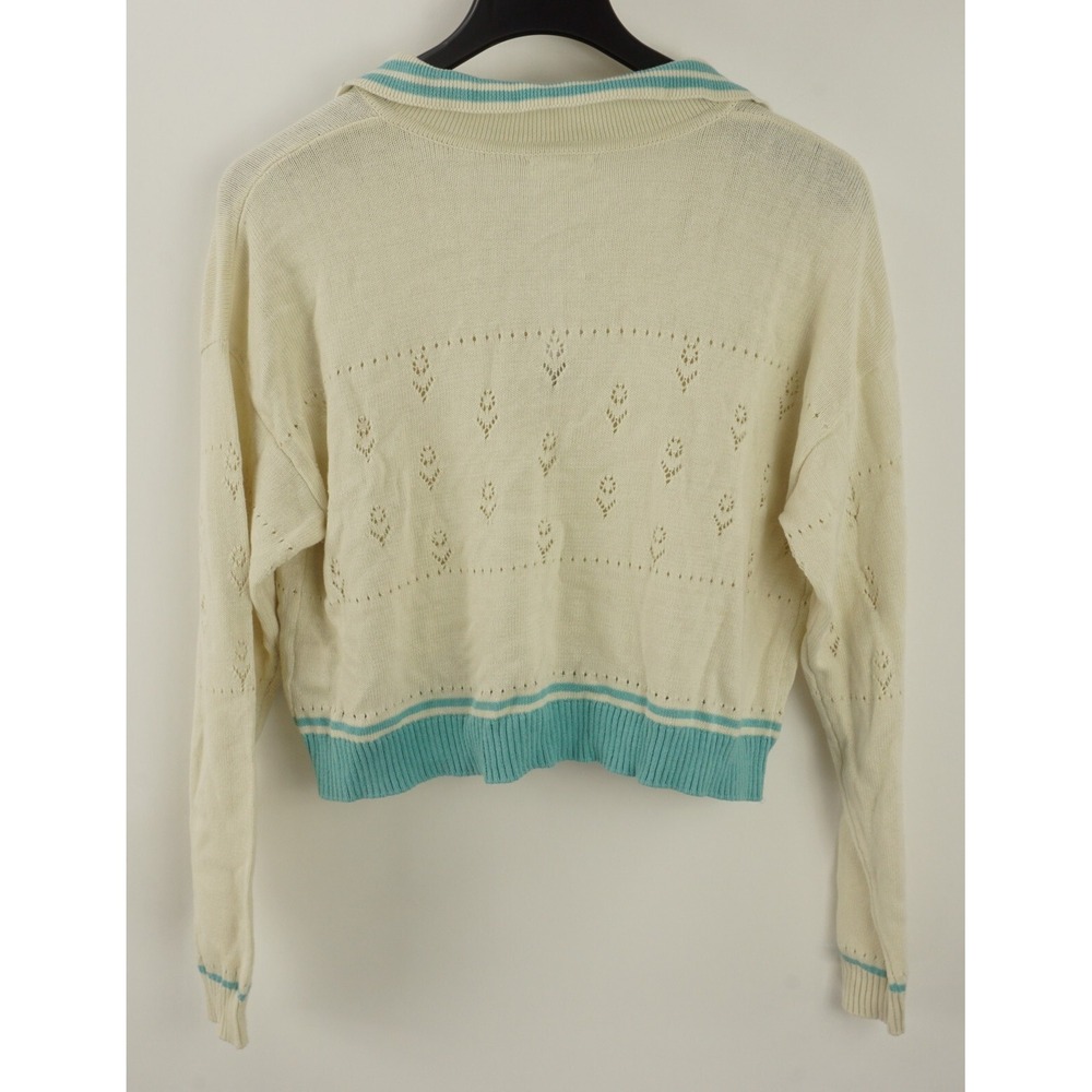 New BP Womens‎ Size L Ivory & Blue Crochet Floral Tipped Collared V-Neck Sweater - Picture 2 of 8